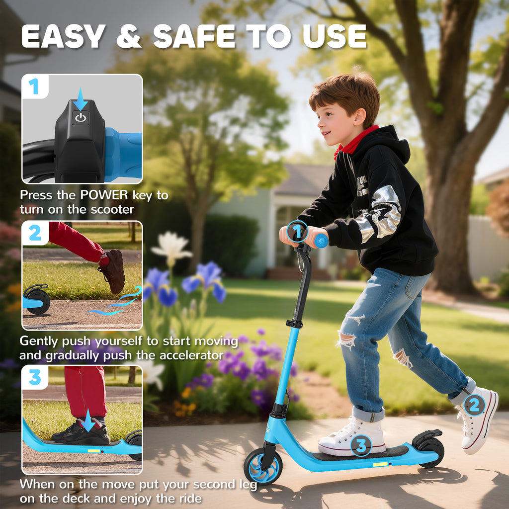 Kids Electric Scooter, Electric Scooters For Kids Ages 6+, 8 KM/H & 6 KM Lightweight E-Scooter, Adjustable Height, Rear Brake - Blue