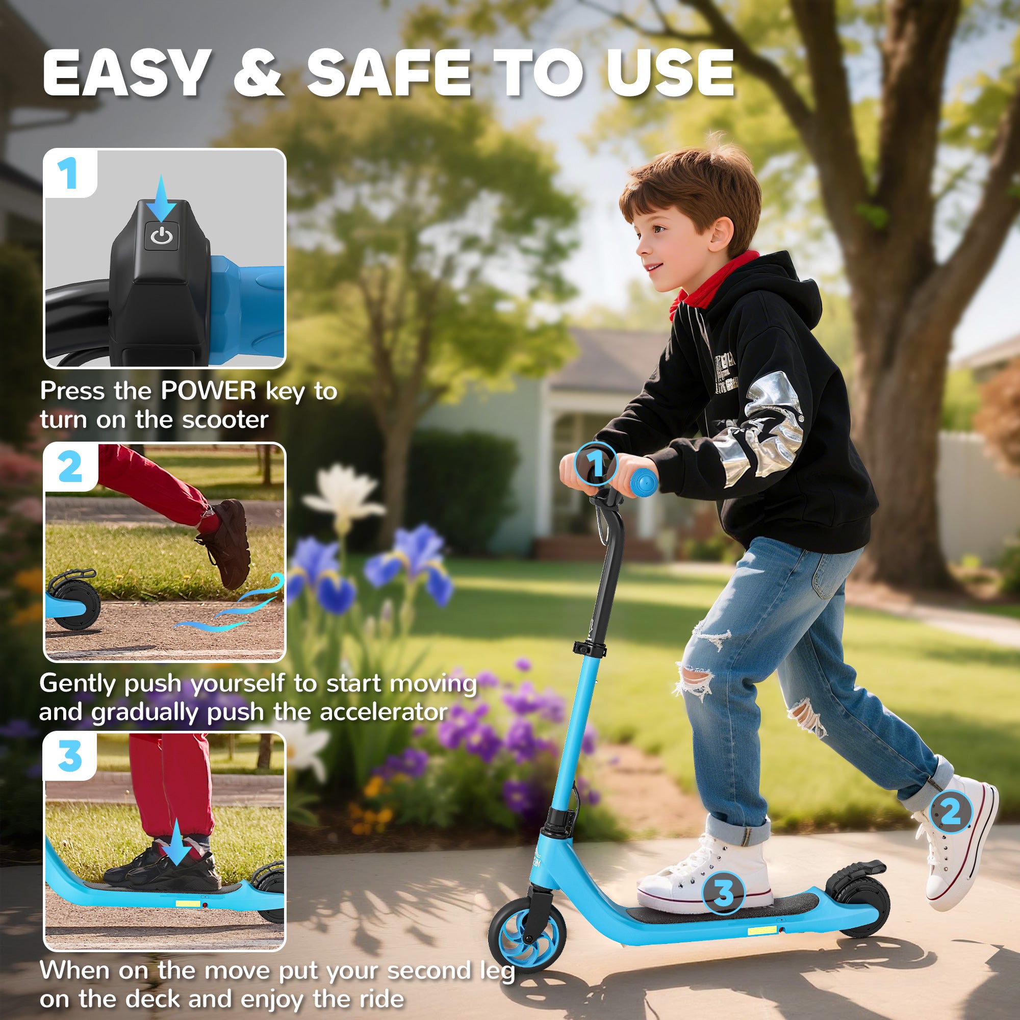 Kids Electric Scooter, Electric Scooters For Kids Ages 6+, 8 KM/H & 6 KM Lightweight E-Scooter, Adjustable Height, Rear Brake - Blue